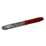 A pair of spring steel Tongs with red silicone-coated handles. Partially wrapped in clear plastic packaging with a label on the left side, these tongs are closed together and shown against a plain white background. Dishwasher safe for easy cleaning.