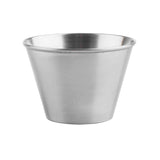 A small, plain stainless steel sauce cup with a wide rim and tapering sides. Its smooth, reflective surface is dishwasher safe, and it sits on a white background with no visible handles, patterns, or decorations.