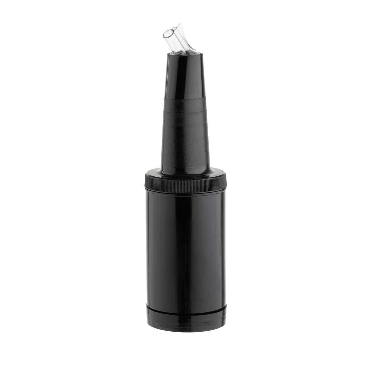 A tall, black plastic PourMaster Complete Unit bottle with a cylindrical base, textured grip, and screw-on cap. At the top, a small clear spout extends outward at an angle. BPA free and dishwasher safe, against a plain white background.