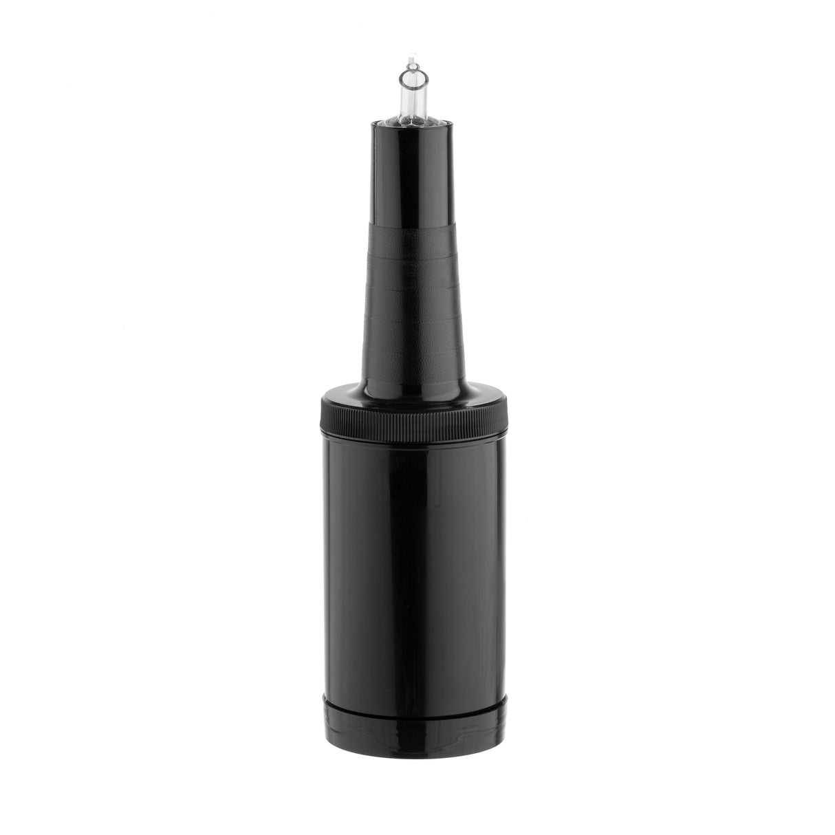 A black handheld electric lint remover with a cylindrical body and textured grip handle. It stands upright on a white background, featuring a small metallic blade at the top—crafted from BPA free materials and designed to be dishwasher safe for easy cleaning.