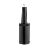 A black handheld electric lint remover with a cylindrical body and textured grip handle. It stands upright on a white background, featuring a small metallic blade at the top—crafted from BPA free materials and designed to be dishwasher safe for easy cleaning.