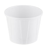 A small, white disposable soufflé cup with a slightly flared rim and vertical indented lines around the sides. The cup appears empty and is set against a plain white background, perfect for serving sauces from the Better Burger Collection.