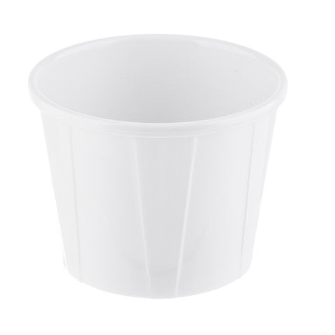 A small, white disposable soufflé cup with a slightly flared rim and vertical indented lines around the sides. The cup appears empty and is set against a plain white background, perfect for serving sauces from the Better Burger Collection.
