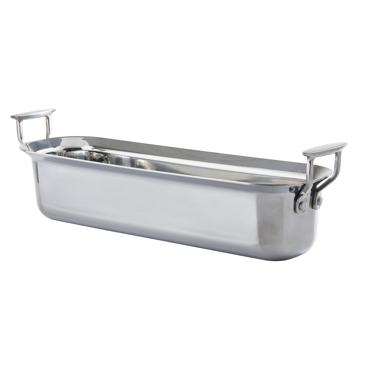 A shiny, rectangular stainless steel terrine mold with high sides and two sturdy, flat handles on each end. The smooth finish ensures even results, and its induction compatibility suits both professional or home kitchens.