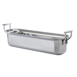 A shiny, rectangular stainless steel terrine mold with high sides and two sturdy, flat handles on each end. The smooth finish ensures even results, and its induction compatibility suits both professional or home kitchens.