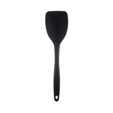 A black, heat safe silicone spatula with a flat, rectangular blade and a long handle. The handle features a small hole at the end for hanging. The spatula is positioned vertically on a plain white background.