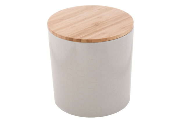 A cylindrical white canister with a subtle geometric pattern and a smooth, round bamboo lid. The bamboo lid features a natural wood grain texture, and the melamine container is photographed against a white background.