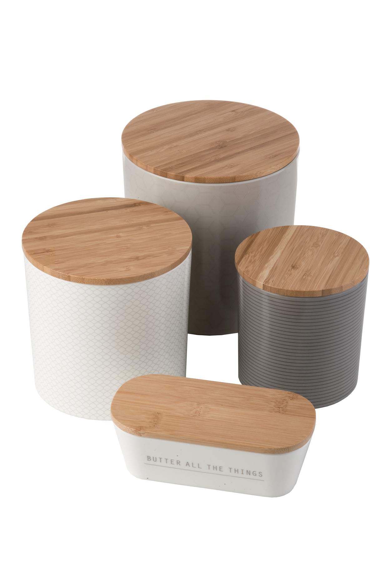 Four melamine kitchen canisters with bamboo lids are grouped together. Each canister has a different size and color: gray, white with a subtle pattern, solid gray, and a small white one labeled BUTTER ALL THE THINGS.