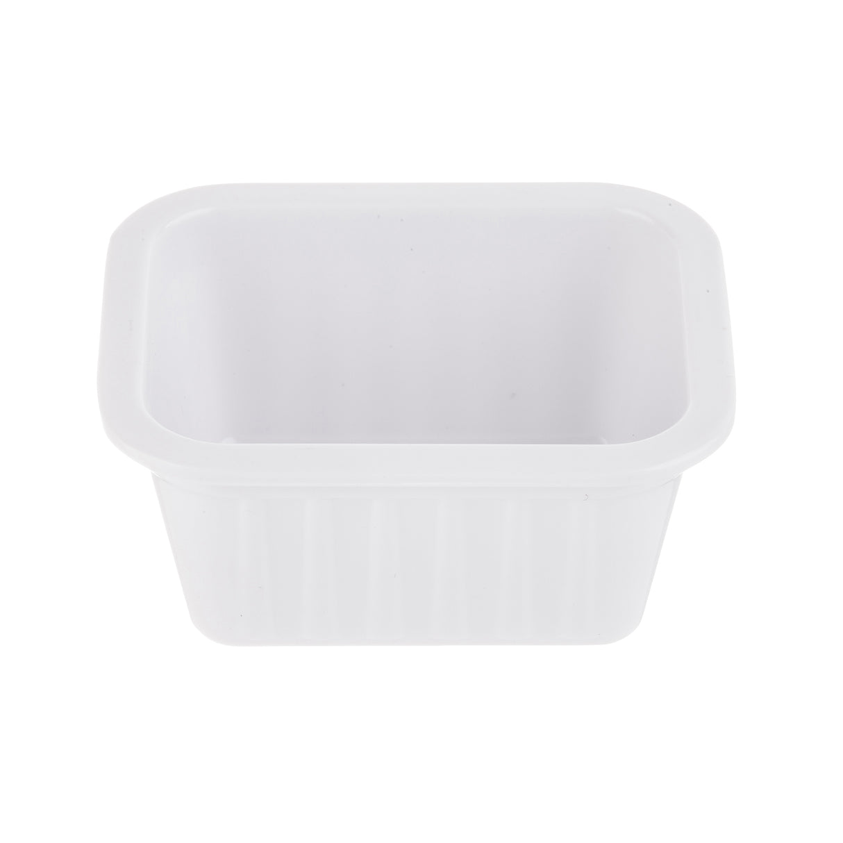 A small, white, rectangular melamine sauce cup with slightly rounded corners and vertical ridges on the sides. The container is empty and viewed from an angle above, against a plain white background—part of the Better Burger Collection.