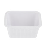 A small, empty, rectangular white plastic soufflé cup with rounded corners and slightly tapered sides. Viewed from above at an angle, it features a smooth interior, a shallow lip around the rim, and is dishwasher safe. The background is plain white.