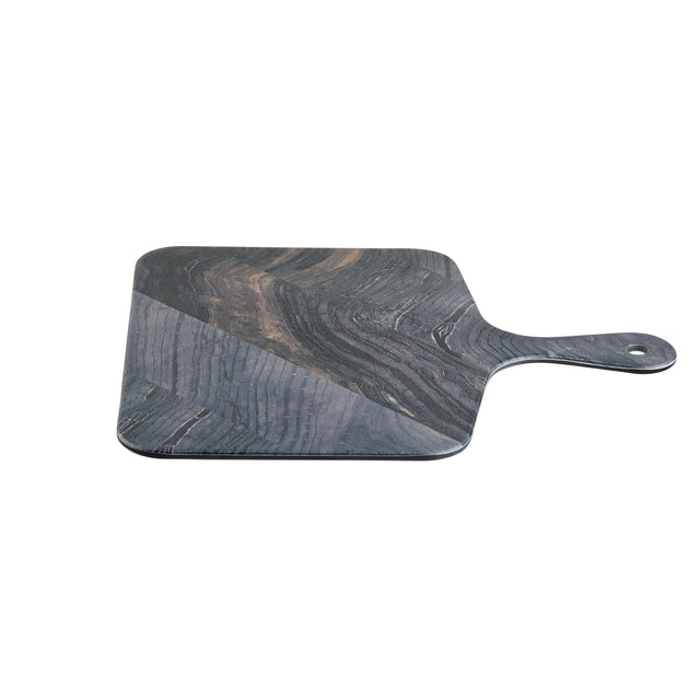 A rectangular, dark gray marble serving paddle with a subtle swirling pattern and a rounded handle on the right side. The handle has a small hole near the end. The board is set against a plain white background.