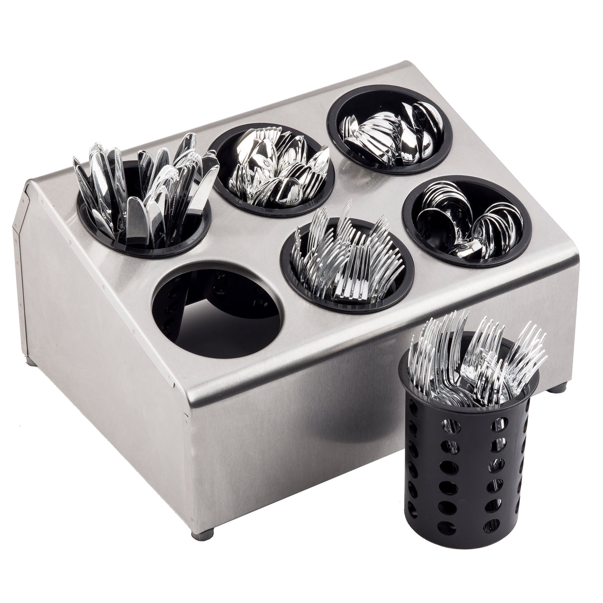 A stainless steel flatware cylinder utensil holder with six round black polypropylene compartments neatly organizing spoons, forks, and knives—one marked TableCraft fork compartment is placed outside the holder in the foreground against a white background.