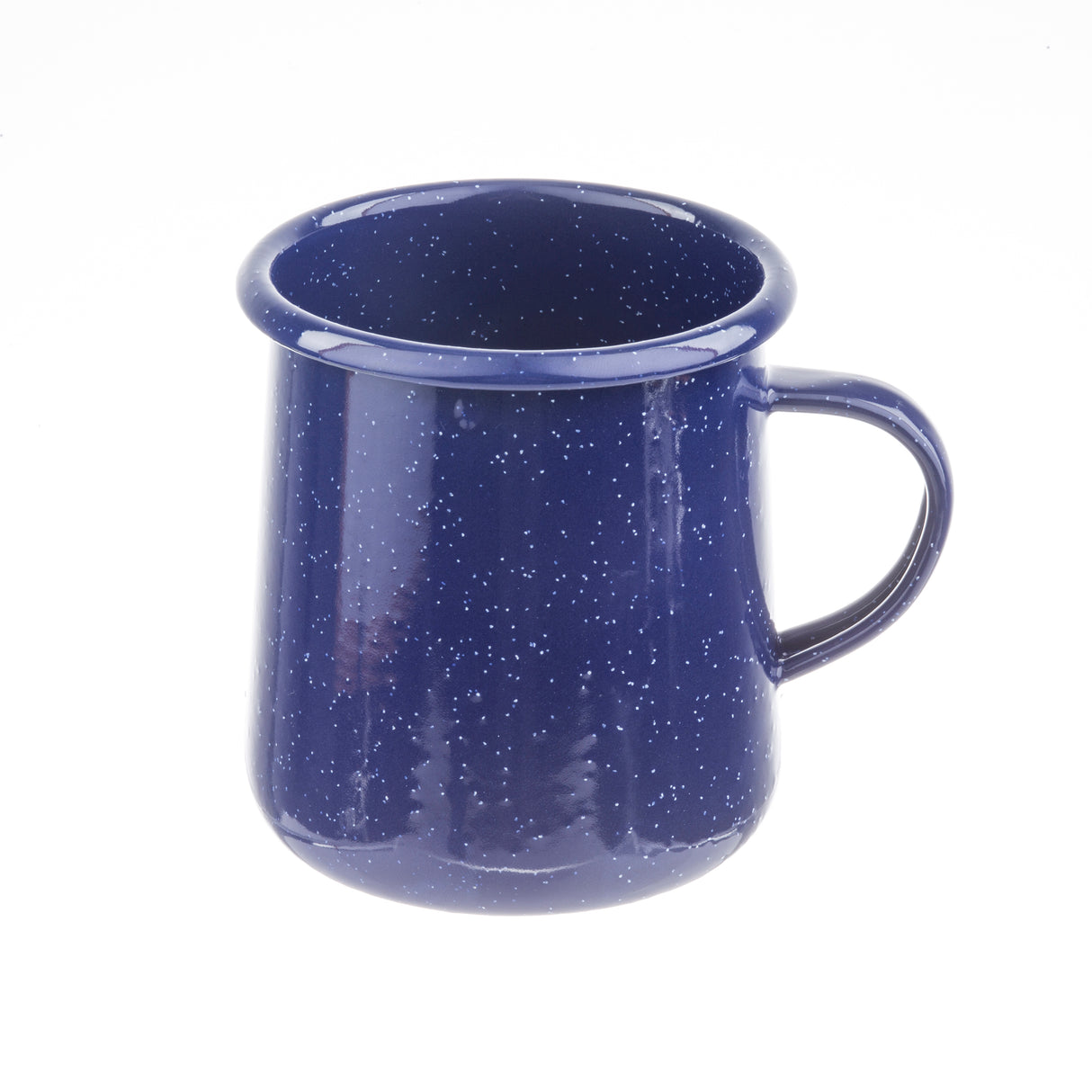 A blue speckle mug with a wide rim and handle, this 16 oz enamel mug features white speckles throughout. It stands upright on a white background, handle to the right, with the inside and outside matching in color.