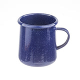 A blue speckle mug with a wide rim and handle, this 16 oz enamel mug features white speckles throughout. It stands upright on a white background, handle to the right, with the inside and outside matching in color.