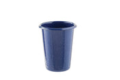 A tall, cylindrical blue tumbler with a slightly flared rim and white speckles throughout, resembling enamel porcelain, is shown against a plain white background. This 16 oz cup combines style and durability for everyday use.