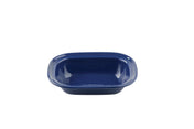 A dark blue enamel rectangular pan with rounded corners and a glossy finish. The serving pan features a smooth surface with tiny white speckles and slightly raised edges, sitting empty and isolated on a plain white background.