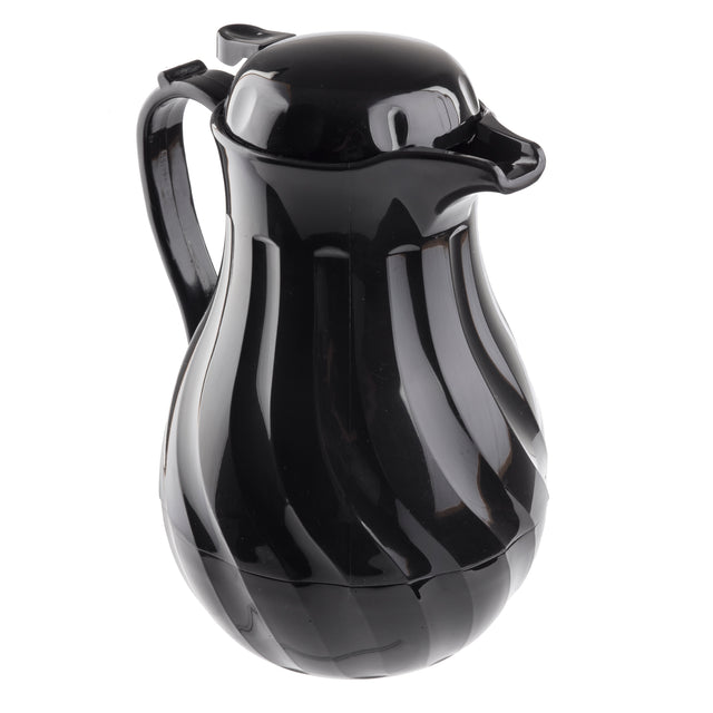 A glossy black plastic coffee decanter with a curved body, vertical grooves, sturdy handle, and spout with hinged lid. This 40 oz carafe features triple wall insulation to keep beverages hot or cold. The design is sleek and functional on a white background.