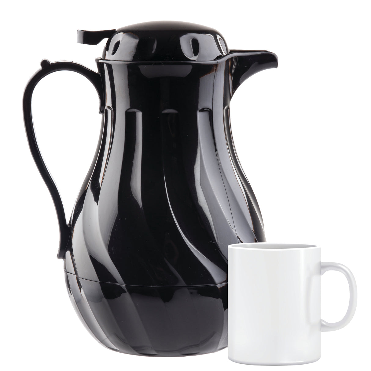A shiny black 40 oz coffee decanter with triple wall insulation and a curved handle sits next to a plain white coffee mug. The decanter is taller, featuring a wavy pattern, while the mug is simple with a round handle, set against a white background.