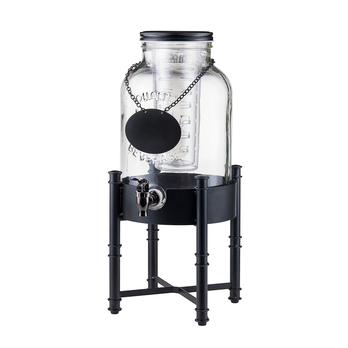 A clear glass TableCraft Industrial Collection metal beverage dispenser with a black lid sits on a tall black metal beverage dispenser base. It features a silver spigot and a black round chalkboard tag for labeling, offering a modern and minimalistic style.