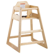 A light rubberwood high chair with a simple, sturdy frame, safety strap, backrest, armrests, and a warning label. Designed for toddlers, this stackable chair features an open design and wide legs for extra stability.