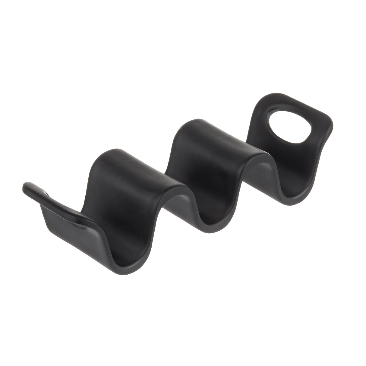 A black, wavy plastic object from TableCraft with three curved humps and a flat base. One end has an oval hole for gripping or hanging, while the other is solid. The design suggests it may be used for organizing cables—possibly inspired by a Taco Taxi form.