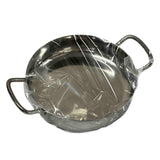 A round, stainless steel Mini Brazier with two handles is covered in clear, slightly wrinkled plastic wrap. The induction safe pan sits empty against a white background, its top tightly sealed.