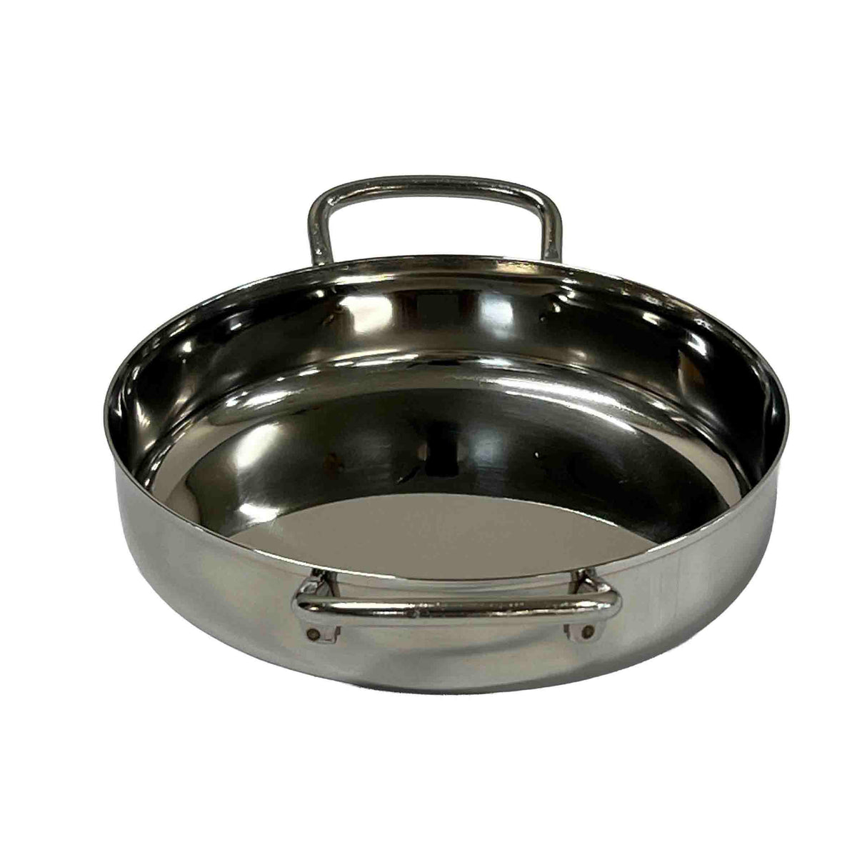 A shiny, stainless steel Mini Brazier with two sturdy handles, one on each side. High sides and a smooth, reflective surface make it ideal for sautéing or shallow frying. Induction safe, its metallic finish stands out against the plain white background.