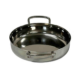 A shiny, stainless steel Mini Brazier with two sturdy handles, one on each side. High sides and a smooth, reflective surface make it ideal for sautéing or shallow frying. Induction safe, its metallic finish stands out against the plain white background.