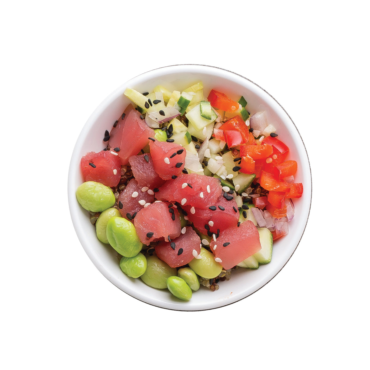A white TableCraft 10311W mini melamine plate holds diced raw tuna, edamame, chopped cucumber, red bell pepper, and onions, all topped with black and white sesame seeds and neatly arranged on a white background. Dishwasher safe plate.