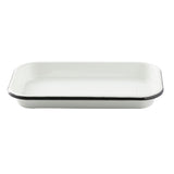 A rectangular 1/8 size white enamel baking dish with slightly rounded corners and a black trim around the top edge, shown on a plain white background. The dish resembles a small sheet pan, simple and unadorned with a smooth, glossy surface.