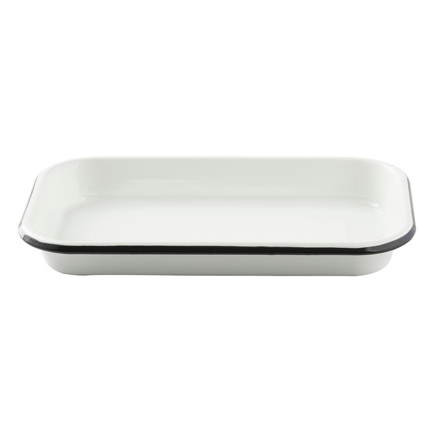 A rectangular 1/8 size white enamel baking dish with slightly rounded corners and a black trim around the top edge, shown on a plain white background. The dish resembles a small sheet pan, simple and unadorned with a smooth, glossy surface.