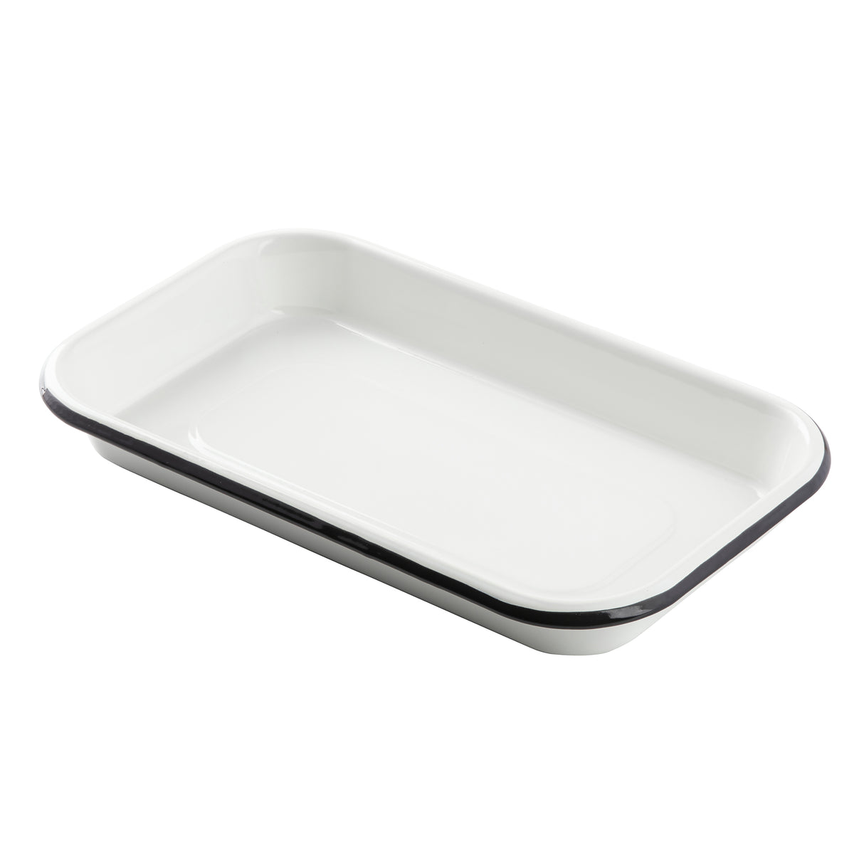 A white rectangular enamel tray with rounded corners and slightly raised edges, this 1/8 size sheet pan has a glossy finish and a thin black rim, giving it a classic, minimalist look. The tray is empty and placed on a white background.
