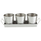Three silver metal pots with a diamond pattern sit side by side in a matching rectangular tray from the TableCraft Products Lattice Collection Snack Set. The shiny, textured surface adds decorative flair, perfect for both practical and stylish use.