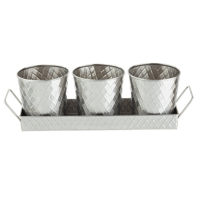 Three silver metal pots with a diamond pattern sit side by side in a matching rectangular tray from the TableCraft Products Lattice Collection Snack Set. The shiny, textured surface adds decorative flair, perfect for both practical and stylish use.