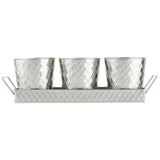 Three silver, diamond-patterned metal planters sit side by side in a matching TableCraft Products tray with two handles, all featuring a raised geometric design. This stainless steel snack set has a shiny, reflective finish and a modern, industrial look.