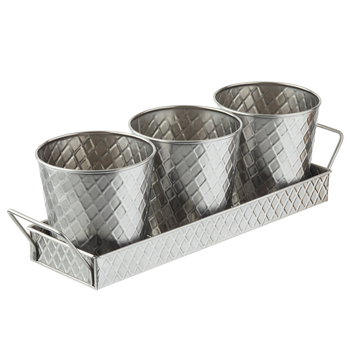 Three small, silver, diamond-patterned metal pots from the Lattice Collection Snack Set are arranged in a matching rectangular tray with handles. This shiny, stainless steel snack set by TableCraft Products is perfect for stylish organization or decoration.