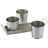 Three silver, textured cups with a diamond pattern from the TableCraft Products Lattice Collection Snack Set are arranged in a matching stainless steel snack set tray with handles. Two cups sit in the shiny tray, one outside, all on a plain white background.