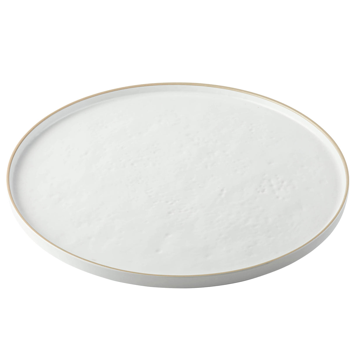 A round, flat, white ceramic plate with a slightly raised rim and a thin gold accent along the edge. Reminiscent of the Europa Collection Serving Tray, it features a smooth, matte finish and is photographed against a plain white background.