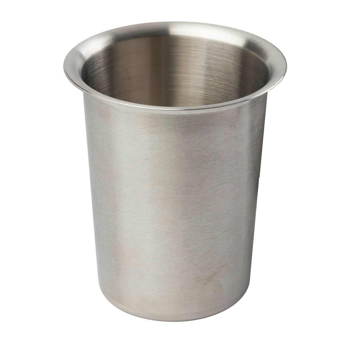 A brushed stainless steel flatware cylinder with straight sides, a slightly flared rim, and no handles sits against a plain white background. The cup is empty, clean, and its metallic texture and cylindrical shape stand out. It is also dishwasher safe.