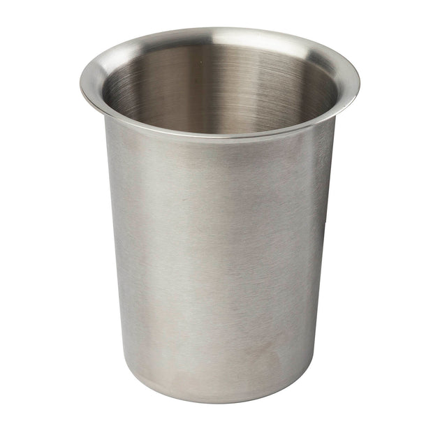 A brushed stainless steel flatware cylinder with straight sides, a slightly flared rim, and no handles sits against a plain white background. The cup is empty, clean, and its metallic texture and cylindrical shape stand out. It is also dishwasher safe.