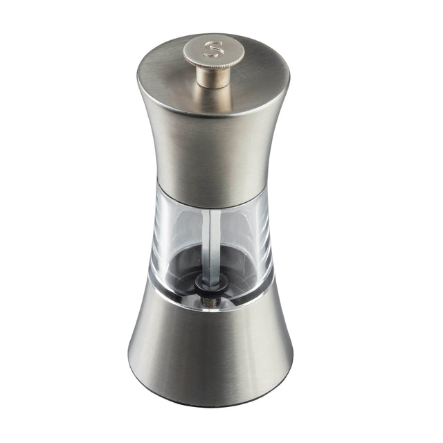 A stainless steel and clear acrylic pepper or salt grinder by TableCraft Products, featuring a metallic replacement knob, tapering inward at the center and wider at the base and top, viewed from a slightly elevated angle on a white background.