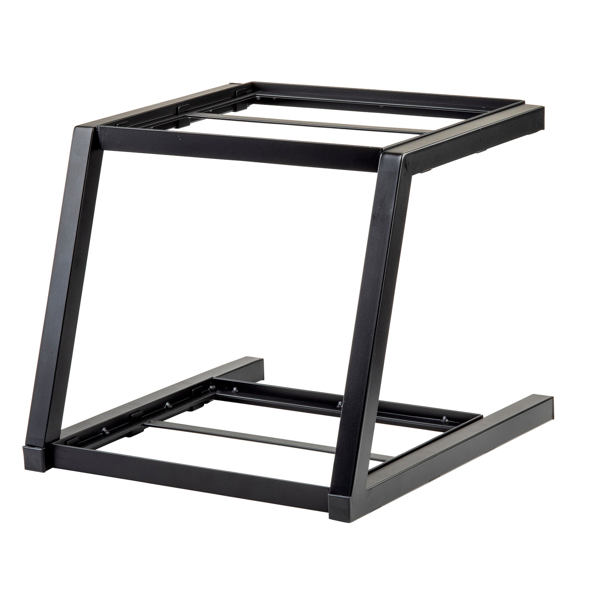 A black metal Z-shaped Grab & Go Two-Tiered Frame with square tubing, designed as a sturdy stand or base. Featuring minimalist, industrial style, it’s ideal for displaying Gastronorm Half Size trays. Crafted by TableCraft Products.