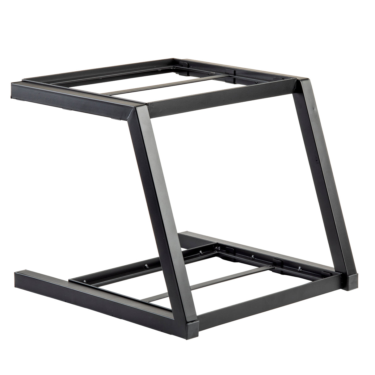 A black, metal Z-shaped Grab & Go Two-Tiered Frame by TableCraft Products features two square platforms—ideal for Gastronorm Half Size pans—connected diagonally by sturdy angled bars and photographed against a white background.