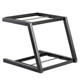 A black, metal Z-shaped Grab & Go Two-Tiered Frame by TableCraft Products features two square platforms—ideal for Gastronorm Half Size pans—connected diagonally by sturdy angled bars and photographed against a white background.