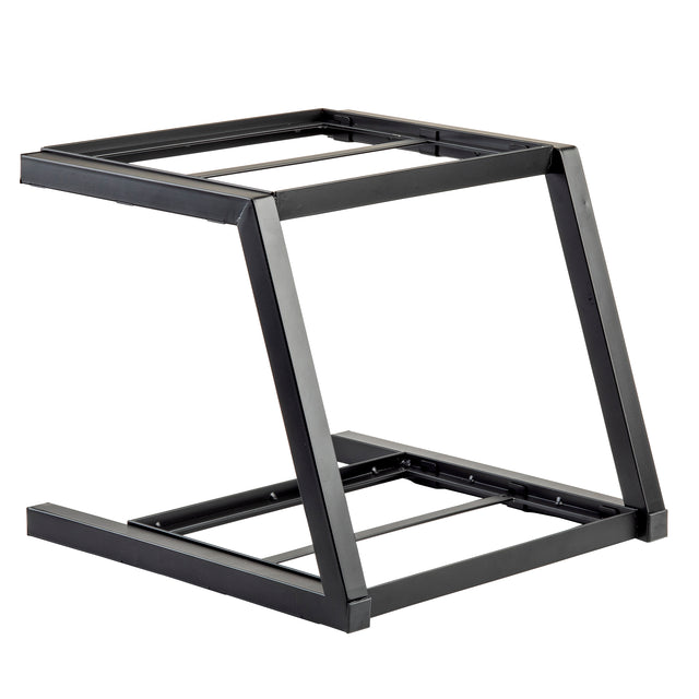 A black, metal Z-shaped Grab & Go Two-Tiered Frame by TableCraft Products features two square platforms—ideal for Gastronorm Half Size pans—connected diagonally by sturdy angled bars and photographed against a white background.