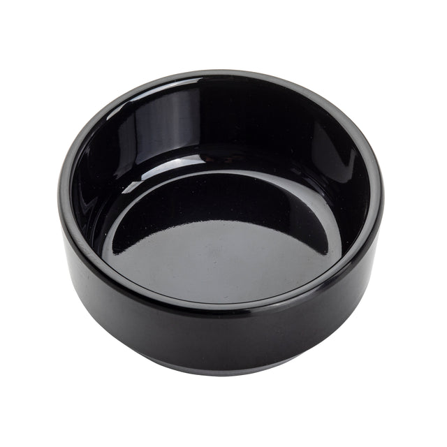 A glossy, round, black TableCraft ceramic bowl is shown on a white background. The bowl is empty, with smooth, curved sides and a thick rim. Its dishwasher safe surface reflects light, highlighting its clean and simple design.