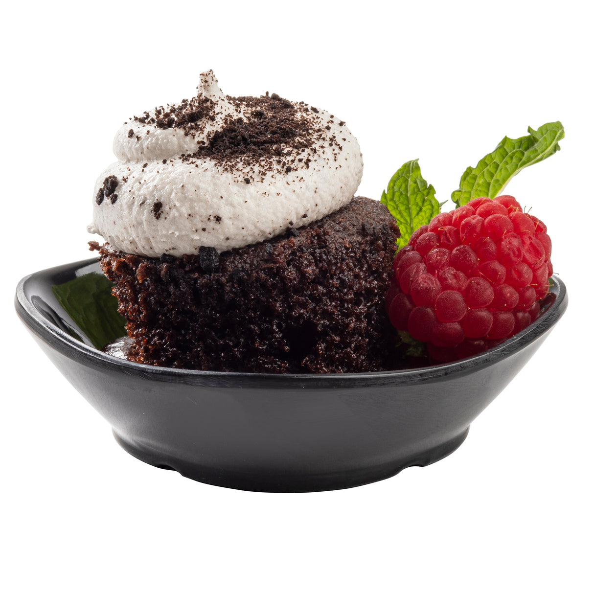 A chocolate cupcake topped with white frosting and cookie crumbs sits in a TableCraft 10315BK mini melamine bowl, beside a fresh red raspberry and two green mint leaves—all set against a white background. The bowl is dishwasher safe.
