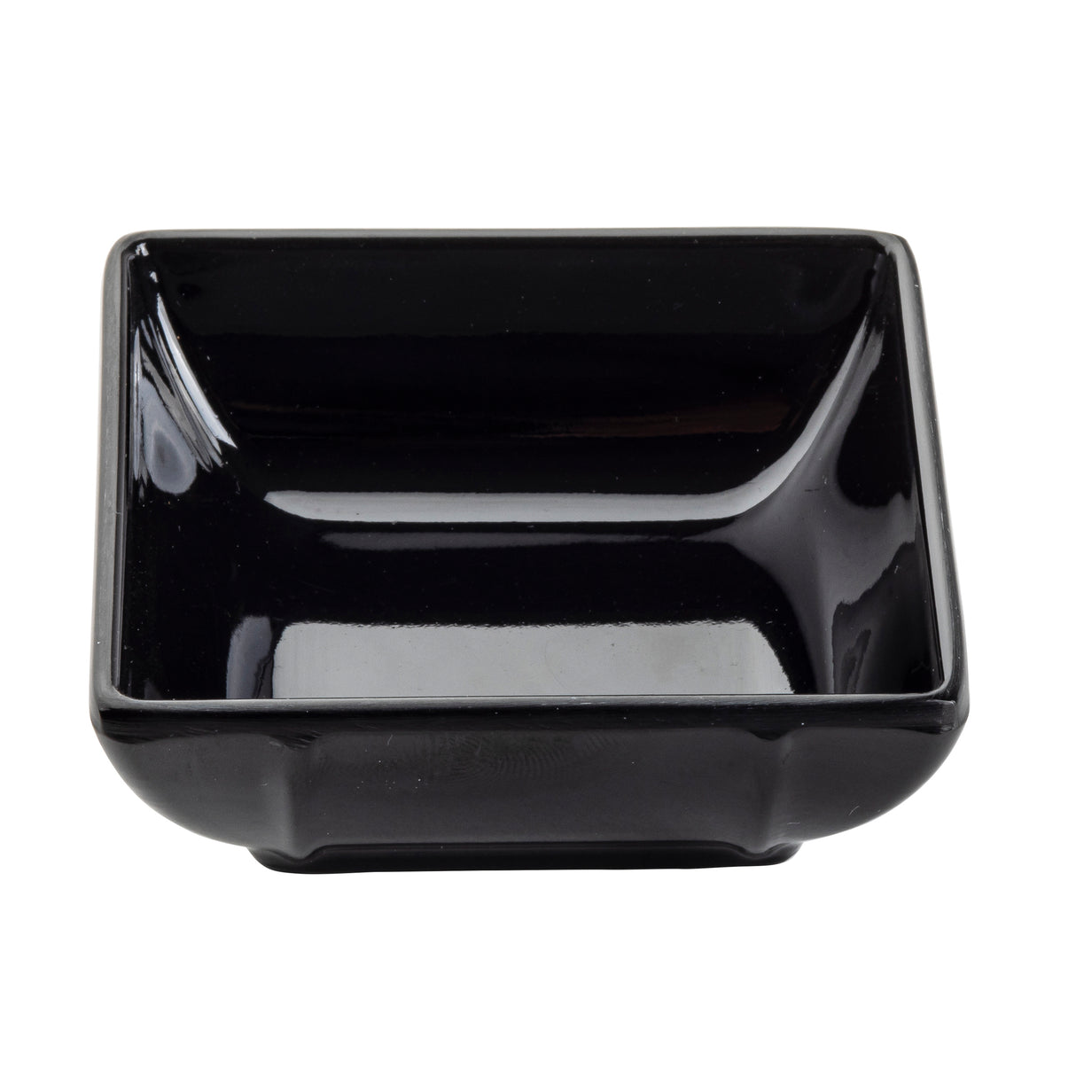 A glossy, empty black square bowl is shown against a white background. The bowl has smooth, slightly rounded edges and a deep interior, with light reflecting off its shiny surface. This stylish piece is also dishwasher safe for easy cleaning.