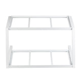 A white, rectangular Grab & Go Frame made of powder coated steel with two levels, open sides, and a minimalist design. Each level features parallel bars, making it a simple shelf or storage rack photographed against a plain white background.