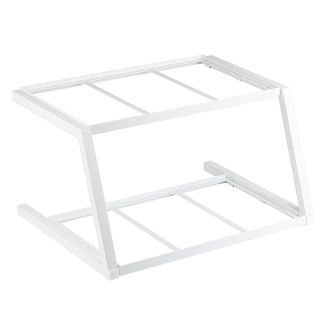 A white, powder coated steel, Z-shaped stand with two horizontal bars on top and bottom, designed for holding equipment like a keyboard or DJ controller. The open Grab & Go Frame is minimalistic, featuring straight lines and no decorative elements.